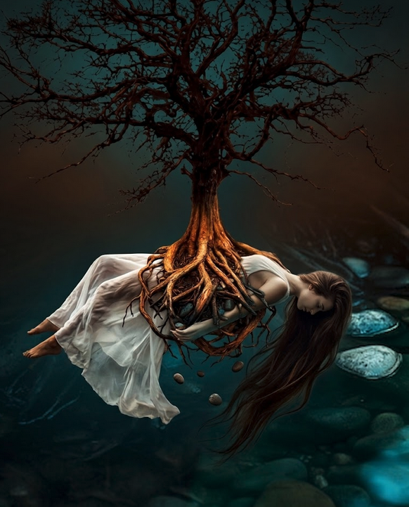 Mujer flotando bajo el agua sostenida por un árbol invertido, símbolo de descenso interior
