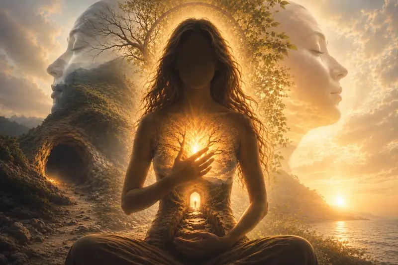Mujer en meditación con árbol de luz en el pecho, símbolo de integración cuerpo-mente-emoción
